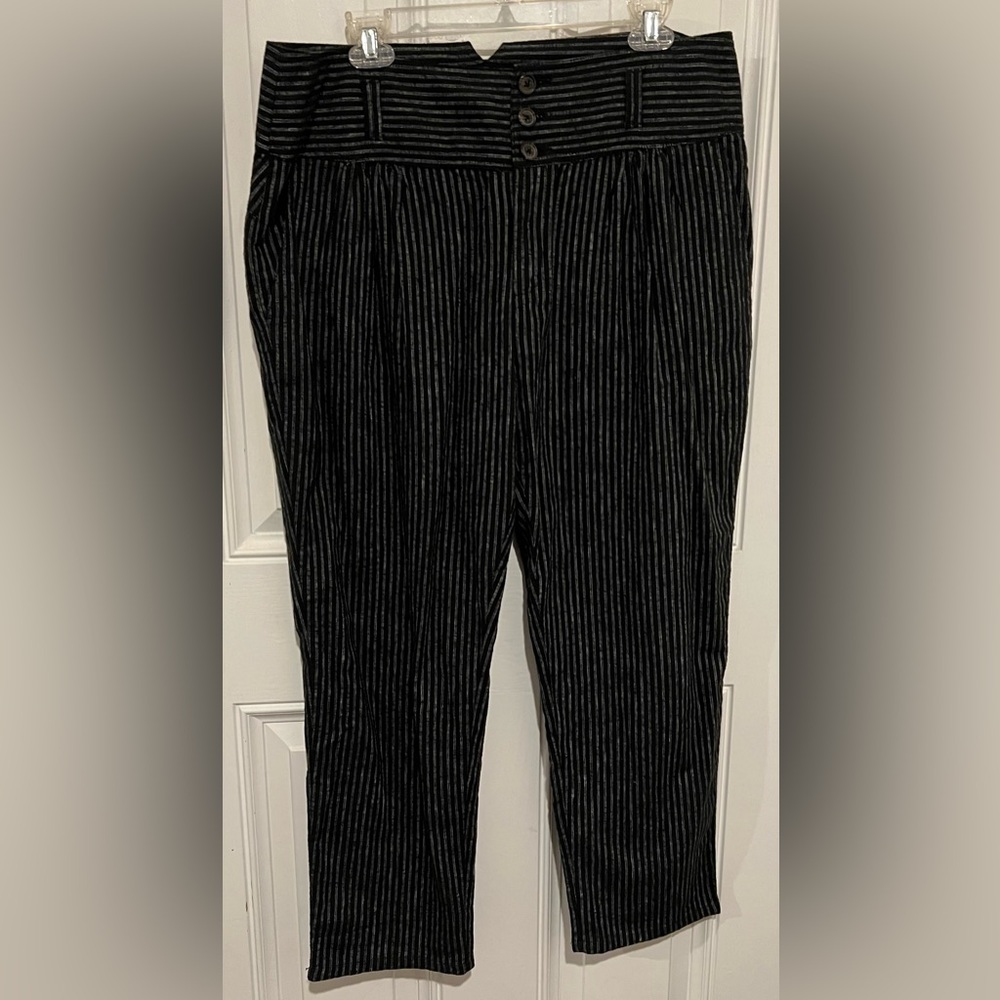 Sundance Amelia Linen Blend Pinstripe Black Trouser Paper Bag Pants Sz 14 Petite - Picture 3 of 16
